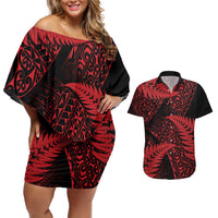 New Zealand Rugby Pacific Personalised Couples Matching Off Shoulder Short Dress and Hawaiian Shirt All Red Maori Pasifika Fern Pattern LT9 Red - Polynesian Pride