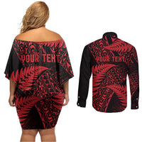 New Zealand Rugby Pacific Personalised Couples Matching Off Shoulder Short Dress and Long Sleeve Button Shirt All Red Maori Pasifika Fern Pattern LT9 - Polynesian Pride