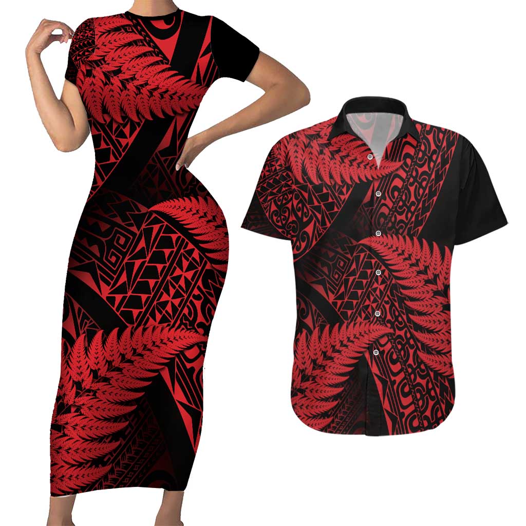 New Zealand Rugby Pacific Personalised Couples Matching Short Sleeve Bodycon Dress and Hawaiian Shirt All Red Maori Pasifika Fern Pattern LT9 Red - Polynesian Pride