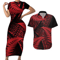 New Zealand Rugby Pacific Personalised Couples Matching Short Sleeve Bodycon Dress and Hawaiian Shirt All Red Maori Pasifika Fern Pattern LT9 Red - Polynesian Pride