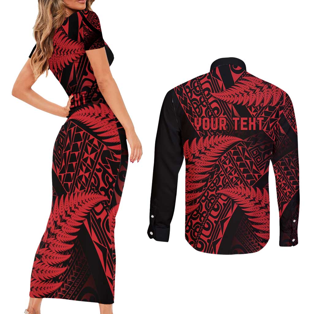 New Zealand Rugby Pacific Personalised Couples Matching Short Sleeve Bodycon Dress and Long Sleeve Button Shirt All Red Maori Pasifika Fern Pattern LT9 - Polynesian Pride
