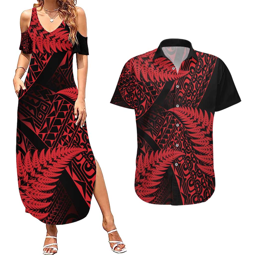New Zealand Rugby Pacific Personalised Couples Matching Summer Maxi Dress and Hawaiian Shirt All Red Maori Pasifika Fern Pattern LT9 Red - Polynesian Pride