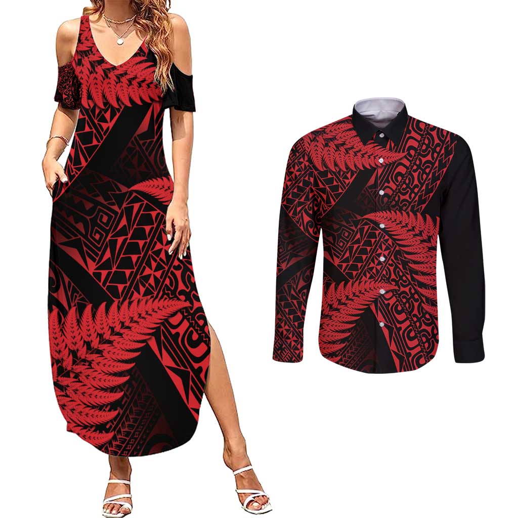 New Zealand Rugby Pacific Personalised Couples Matching Summer Maxi Dress and Long Sleeve Button Shirt All Red Maori Pasifika Fern Pattern LT9 Red - Polynesian Pride