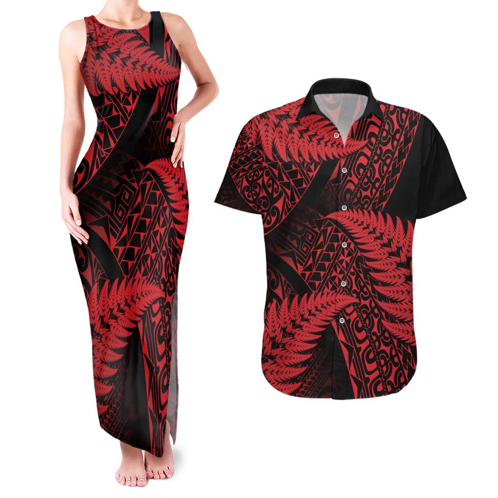 New Zealand Rugby Pacific Personalised Couples Matching Tank Maxi Dress and Hawaiian Shirt All Red Maori Pasifika Fern Pattern LT9 Red - Polynesian Pride