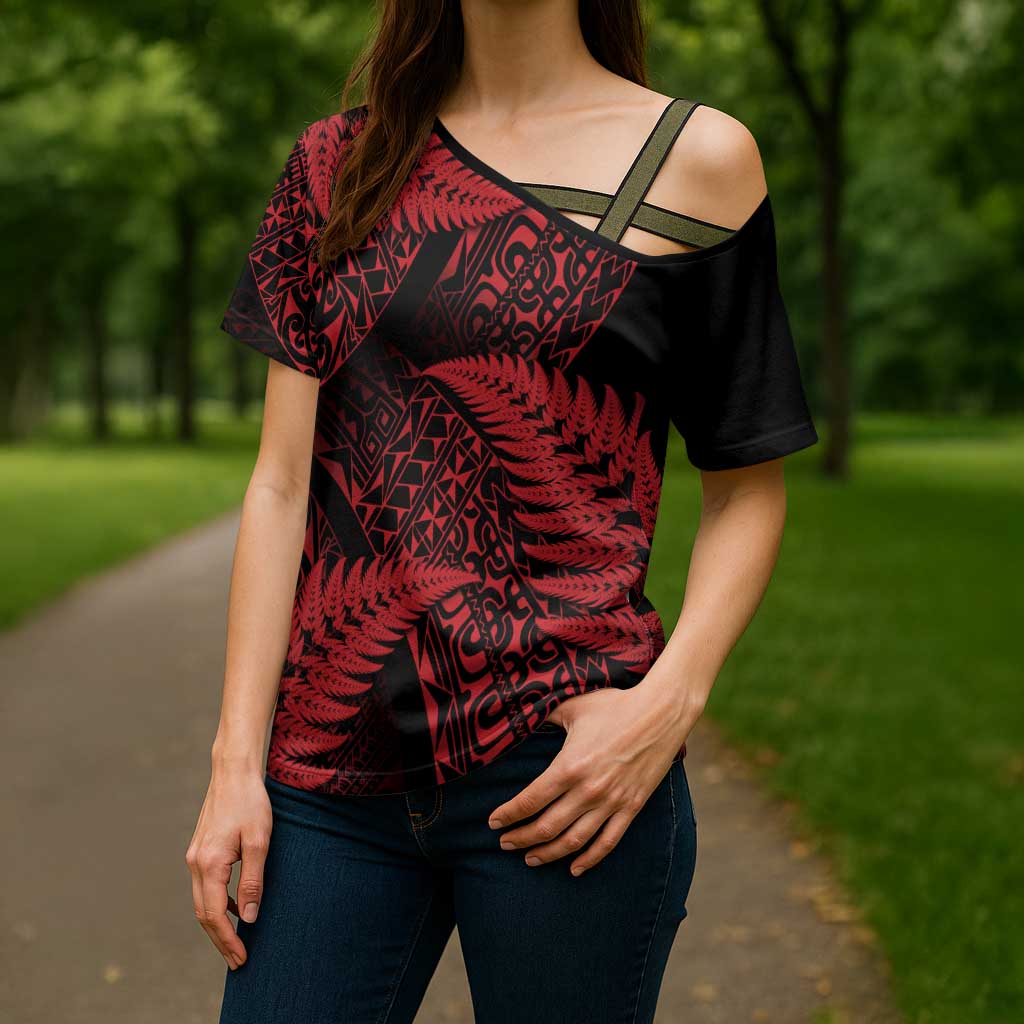 New Zealand Rugby Pacific Personalised Cross Shoulder Shirt All Red Maori Pasifika Fern Pattern - Polynesian Pride