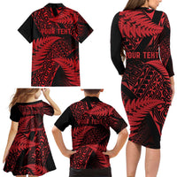 New Zealand Rugby Pacific Personalised Family Matching Long Sleeve Bodycon Dress and Hawaiian Shirt All Red Maori Pasifika Fern Pattern LT9 - Polynesian Pride