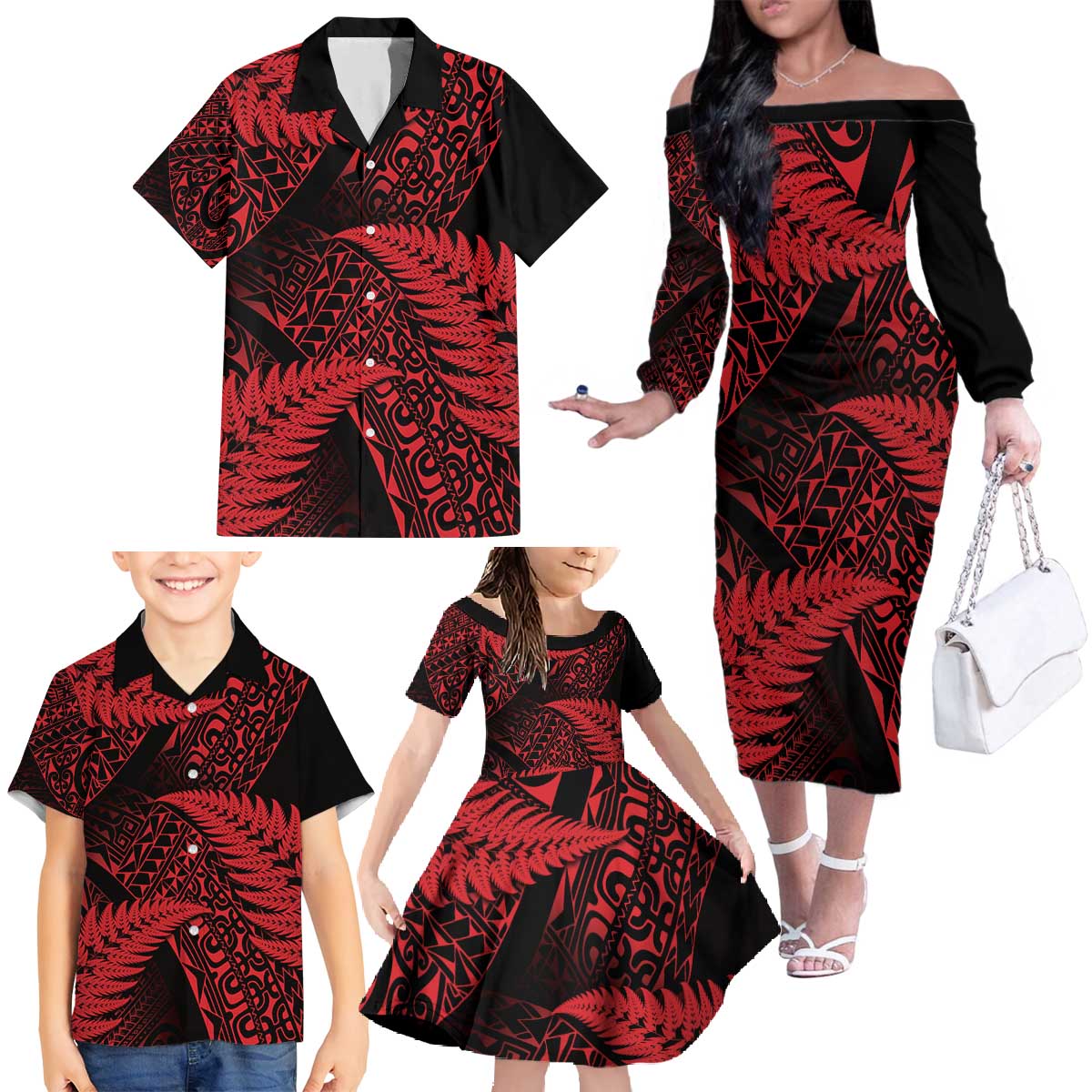 New Zealand Rugby Pacific Personalised Family Matching Off The Shoulder Long Sleeve Dress and Hawaiian Shirt All Red Maori Pasifika Fern Pattern LT9 - Polynesian Pride