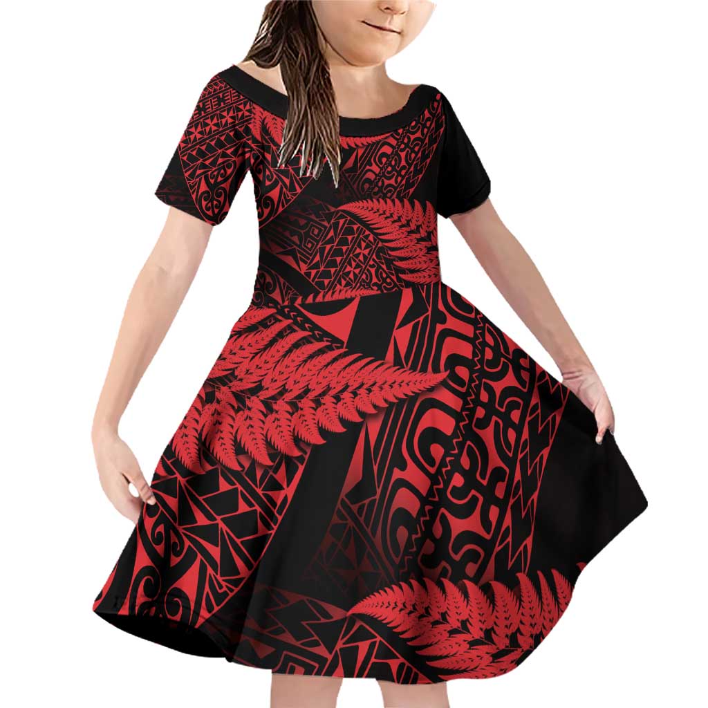 New Zealand Rugby Pacific Personalised Family Matching Off Shoulder Short Dress and Hawaiian Shirt All Red Maori Pasifika Fern Pattern LT9 Daughter's Dress Red - Polynesian Pride