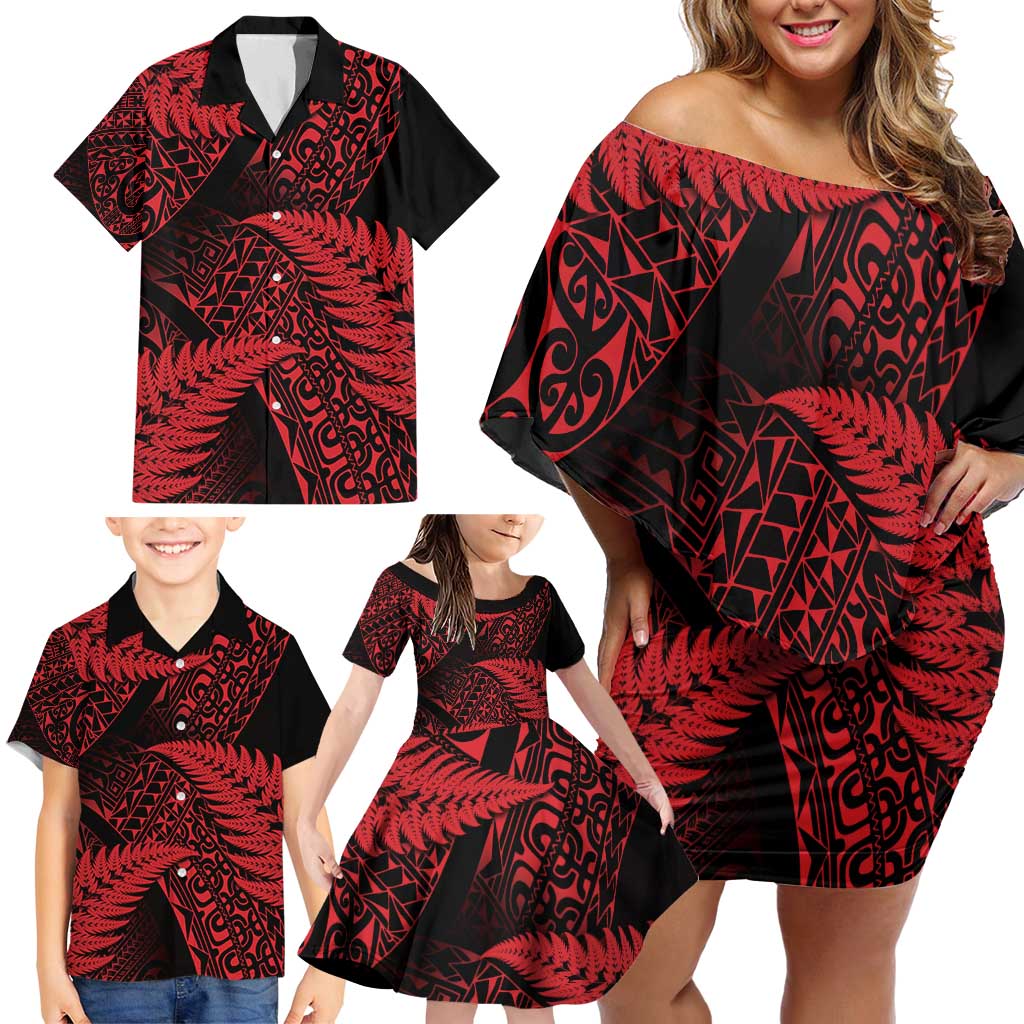 New Zealand Rugby Pacific Personalised Family Matching Off Shoulder Short Dress and Hawaiian Shirt All Red Maori Pasifika Fern Pattern LT9 - Polynesian Pride