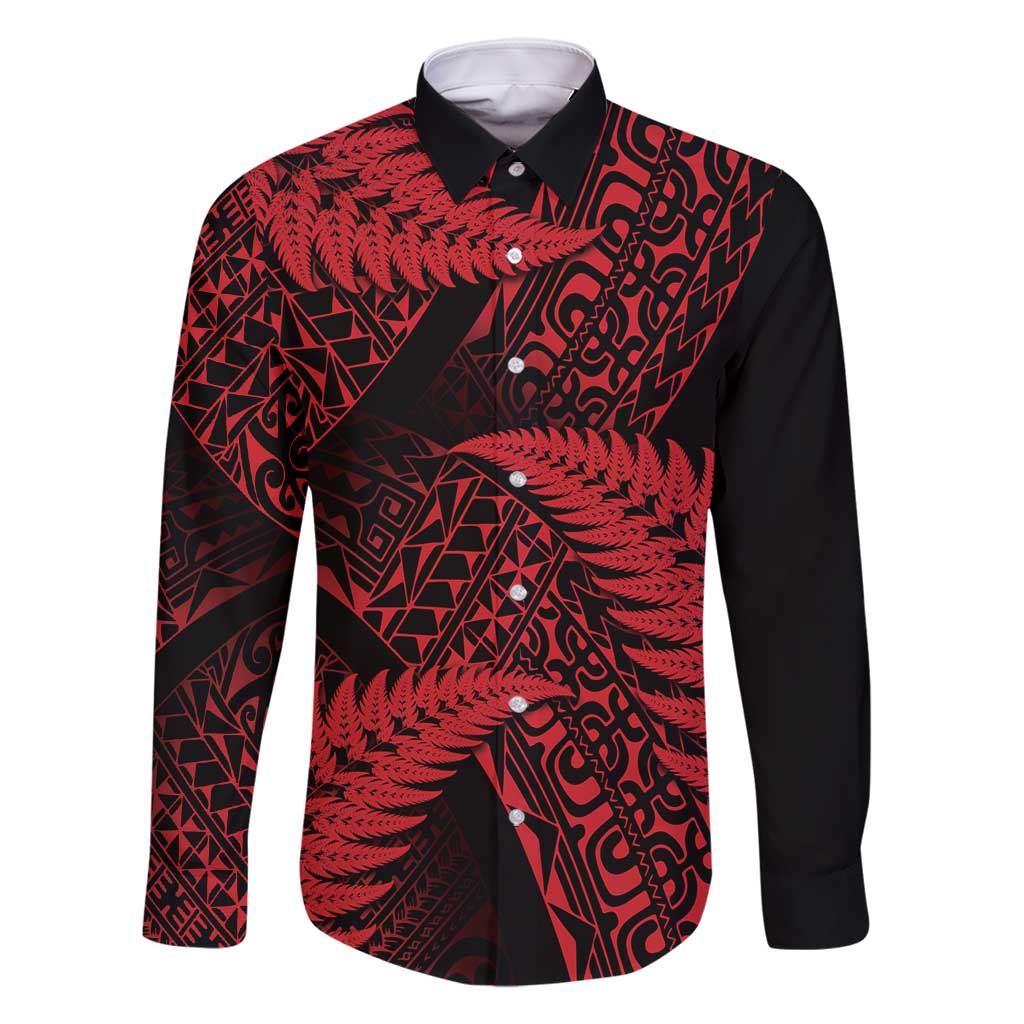 New Zealand Rugby Pacific Personalised Family Matching Off Shoulder Short Dress and Hawaiian Shirt All Red Maori Pasifika Fern Pattern LT9 Dad's Shirt - Long Sleeve Red - Polynesian Pride