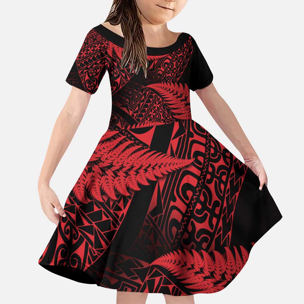 New Zealand Rugby Pacific Personalised Family Matching Puletasi and Hawaiian Shirt All Red Maori Pasifika Fern Pattern LT9 Daughter's Dress Red - Polynesian Pride