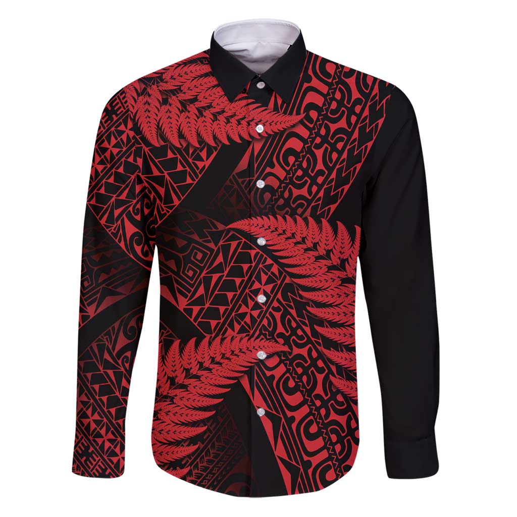 New Zealand Rugby Pacific Personalised Family Matching Puletasi and Hawaiian Shirt All Red Maori Pasifika Fern Pattern LT9 Dad's Shirt - Long Sleeve Red - Polynesian Pride