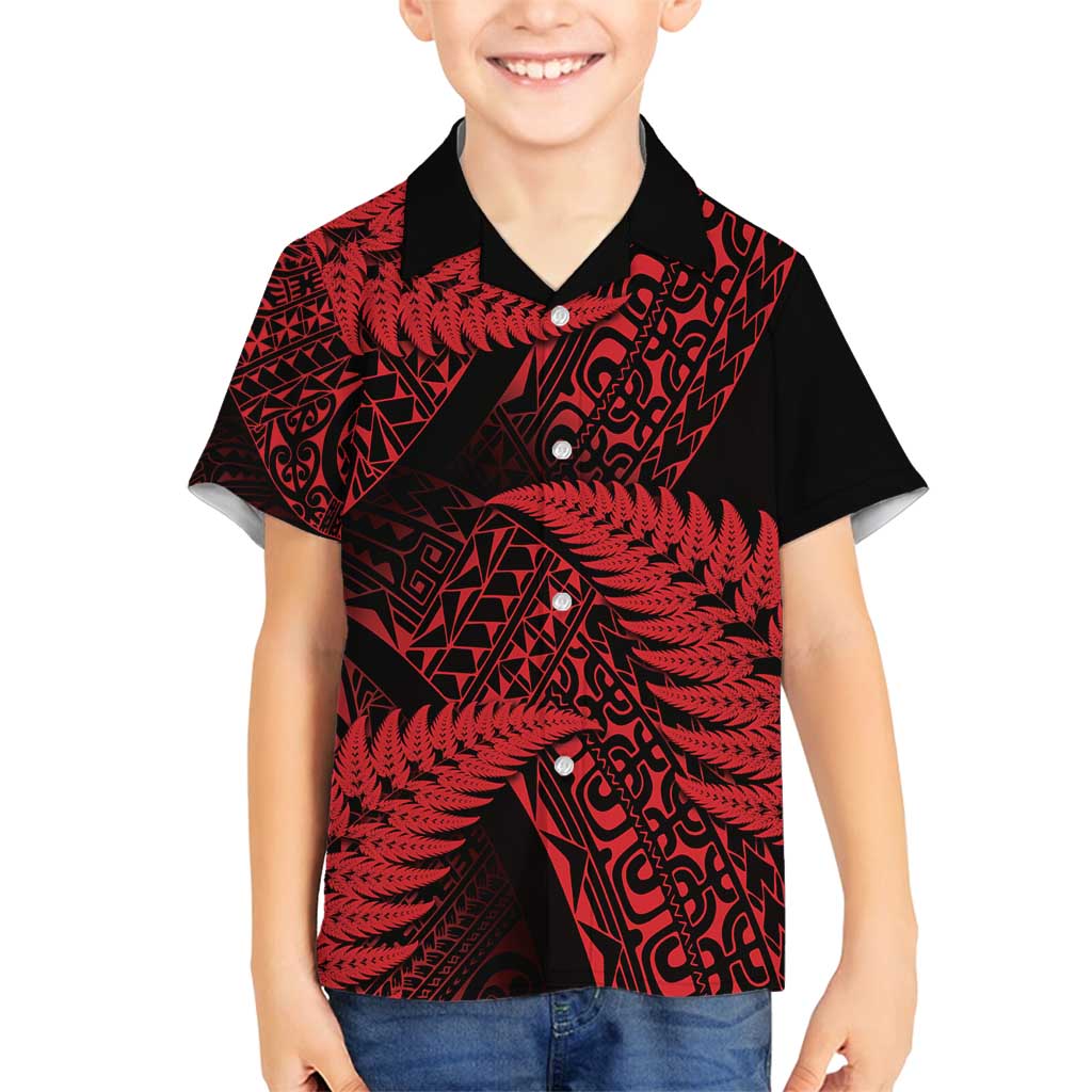 New Zealand Rugby Pacific Personalised Family Matching Puletasi and Hawaiian Shirt All Red Maori Pasifika Fern Pattern LT9 Son's Shirt Red - Polynesian Pride