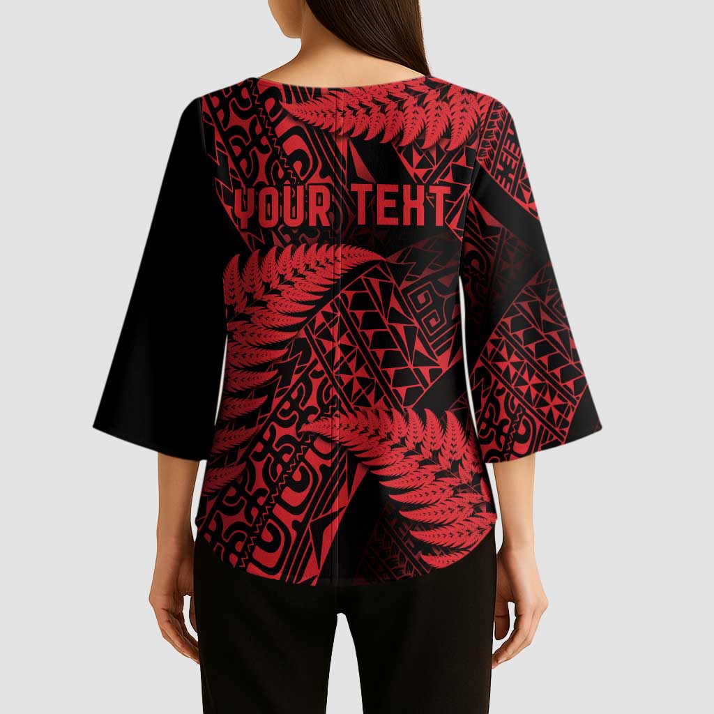 New Zealand Rugby Pacific Personalised Kimono Sleeve Blouse All Red Maori Pasifika Fern Pattern - Polynesian Pride