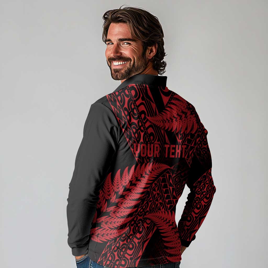 New Zealand Rugby Pacific Personalised Long Sleeve Polo Shirt All Red Maori Pasifika Fern Pattern
