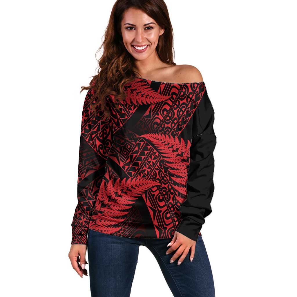New Zealand Rugby Pacific Personalised Off Shoulder Sweater All Red Maori Pasifika Fern Pattern