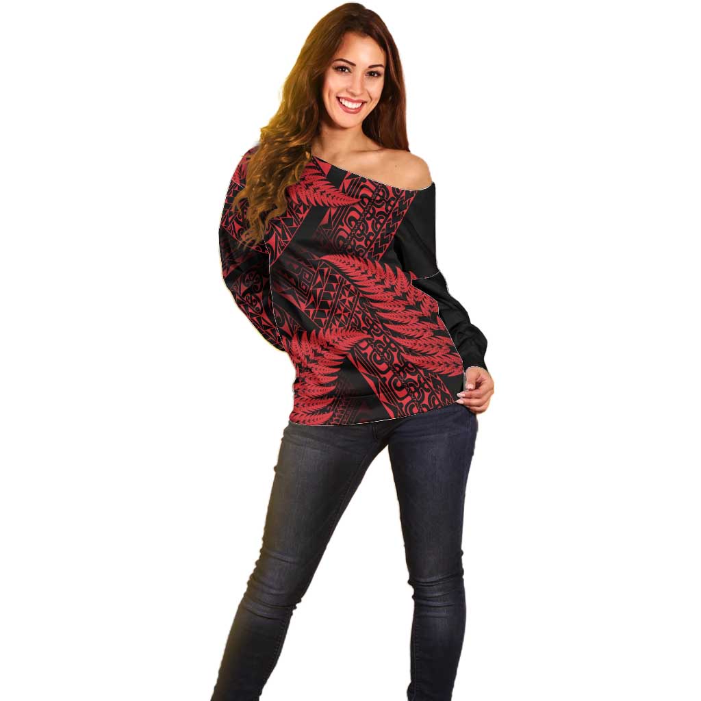 New Zealand Rugby Pacific Personalised Off Shoulder Sweater All Red Maori Pasifika Fern Pattern