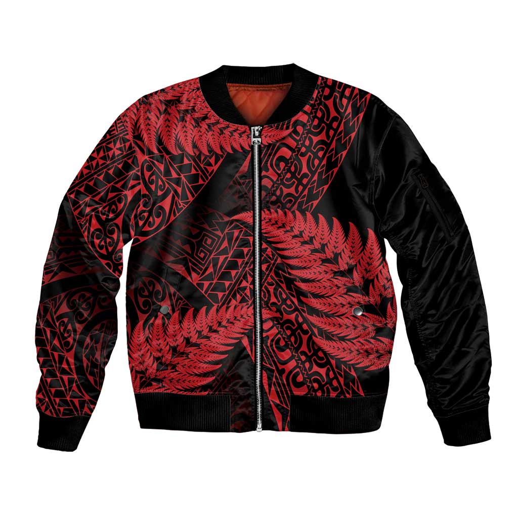 New Zealand Rugby Pacific Personalised Sleeve Zip Bomber Jacket All Red Maori Pasifika Fern Pattern