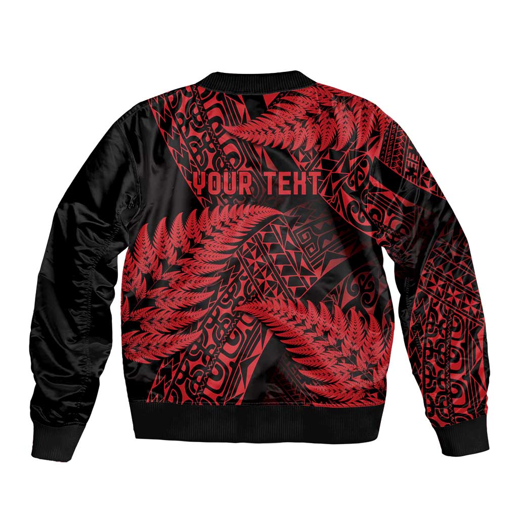 New Zealand Rugby Pacific Personalised Sleeve Zip Bomber Jacket All Red Maori Pasifika Fern Pattern