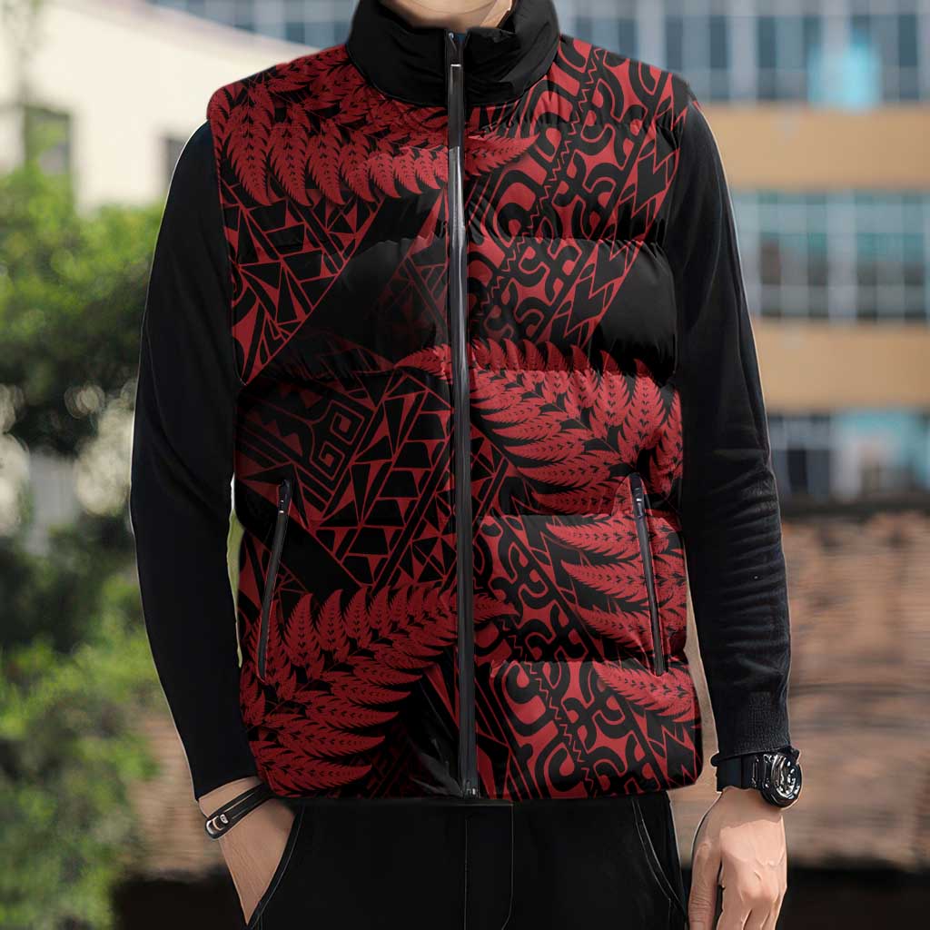 New Zealand Rugby Pacific Personalised Sleeveless Puffer Jacket All Red Maori Pasifika Fern Pattern - Polynesian Pride
