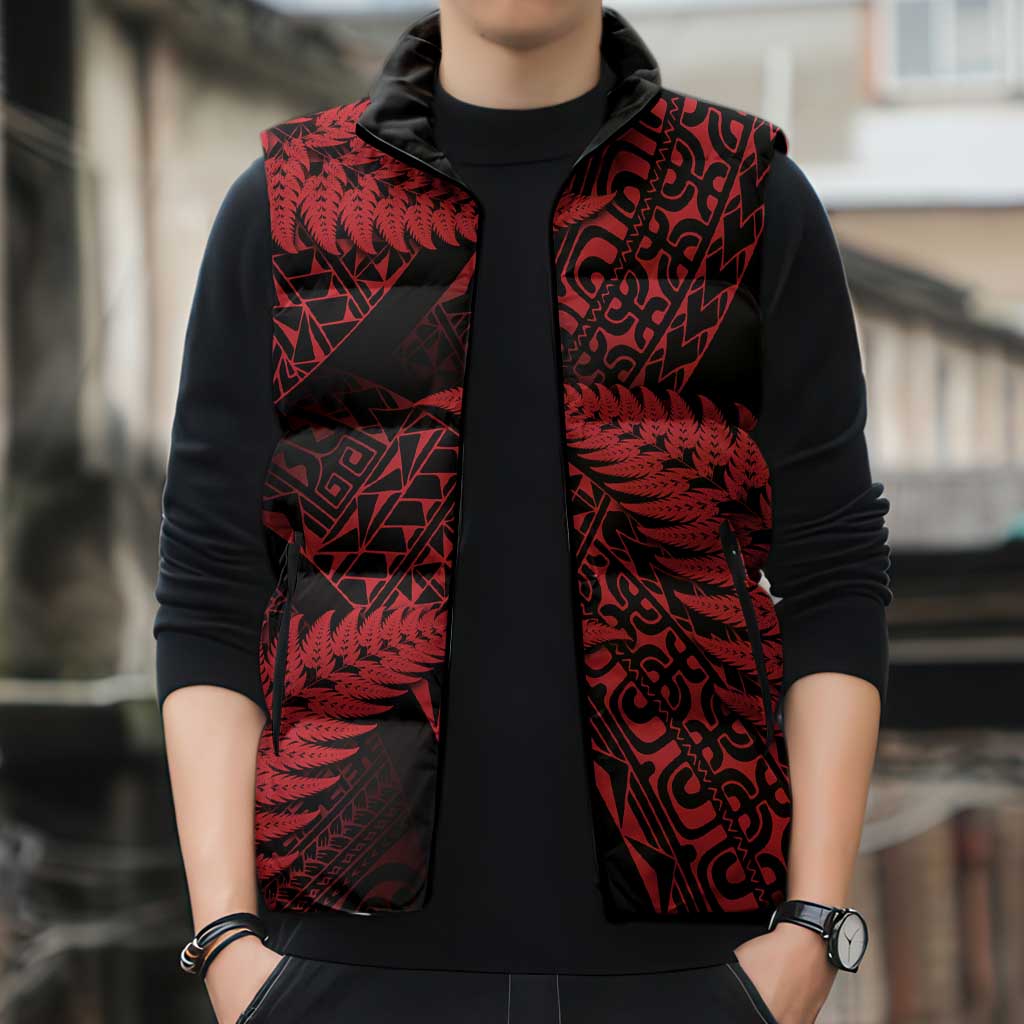 New Zealand Rugby Pacific Personalised Sleeveless Puffer Jacket All Red Maori Pasifika Fern Pattern - Polynesian Pride