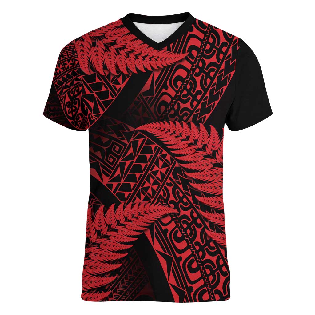 New Zealand Rugby Pacific Personalised Women V-Neck T-Shirt All Red Maori Pasifika Fern Pattern LT9 Female Red - Polynesian Pride
