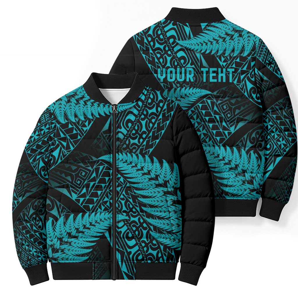 New Zealand Rugby Pacific Personalised Bomber Puffer Jacket All Turquoise Maori Pasifika Fern Pattern - Polynesian Pride
