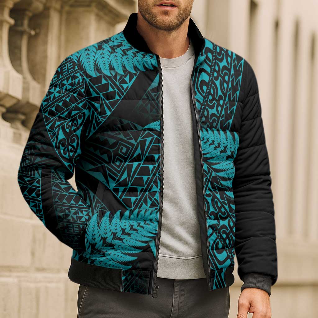 New Zealand Rugby Pacific Personalised Bomber Puffer Jacket All Turquoise Maori Pasifika Fern Pattern - Polynesian Pride