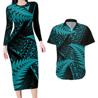New Zealand Rugby Pacific Personalised Couples Matching Long Sleeve Bodycon Dress and Hawaiian Shirt All Turquoise Maori Pasifika Fern Pattern LT9 Turquoise - Polynesian Pride