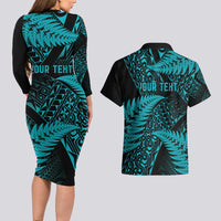 New Zealand Rugby Pacific Personalised Couples Matching Long Sleeve Bodycon Dress and Hawaiian Shirt All Turquoise Maori Pasifika Fern Pattern LT9 - Polynesian Pride