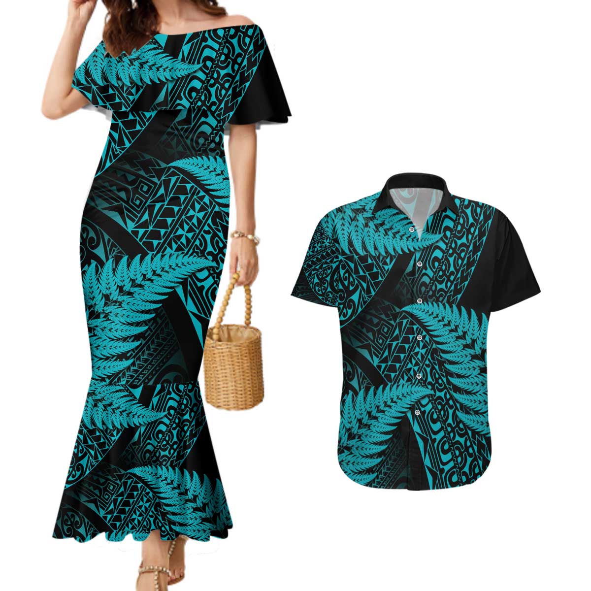 New Zealand Rugby Pacific Personalised Couples Matching Mermaid Dress and Hawaiian Shirt All Turquoise Maori Pasifika Fern Pattern LT9 Turquoise - Polynesian Pride
