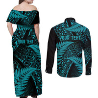 New Zealand Rugby Pacific Personalised Couples Matching Off Shoulder Maxi Dress and Long Sleeve Button Shirt All Turquoise Maori Pasifika Fern Pattern LT9 - Polynesian Pride