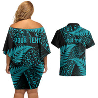 New Zealand Rugby Pacific Personalised Couples Matching Off Shoulder Short Dress and Hawaiian Shirt All Turquoise Maori Pasifika Fern Pattern LT9 - Polynesian Pride