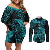 New Zealand Rugby Pacific Personalised Couples Matching Off Shoulder Short Dress and Long Sleeve Button Shirt All Turquoise Maori Pasifika Fern Pattern LT9 Turquoise - Polynesian Pride