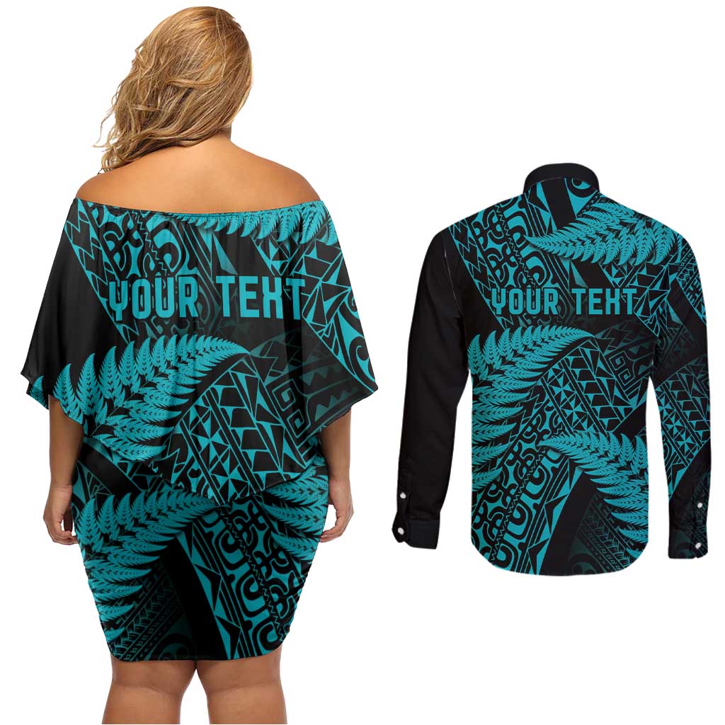 New Zealand Rugby Pacific Personalised Couples Matching Off Shoulder Short Dress and Long Sleeve Button Shirt All Turquoise Maori Pasifika Fern Pattern LT9 - Polynesian Pride