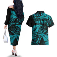 New Zealand Rugby Pacific Personalised Couples Matching Off The Shoulder Long Sleeve Dress and Hawaiian Shirt All Turquoise Maori Pasifika Fern Pattern LT9 - Polynesian Pride