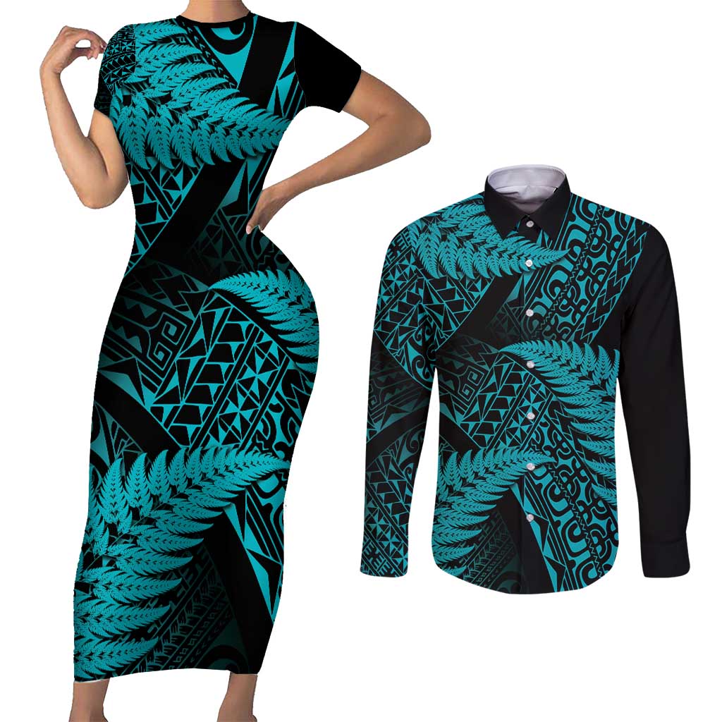 New Zealand Rugby Pacific Personalised Couples Matching Short Sleeve Bodycon Dress and Long Sleeve Button Shirt All Turquoise Maori Pasifika Fern Pattern