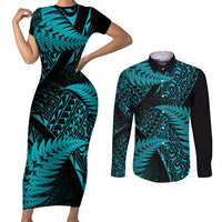 New Zealand Rugby Pacific Personalised Couples Matching Short Sleeve Bodycon Dress and Long Sleeve Button Shirt All Turquoise Maori Pasifika Fern Pattern LT9 Turquoise - Polynesian Pride