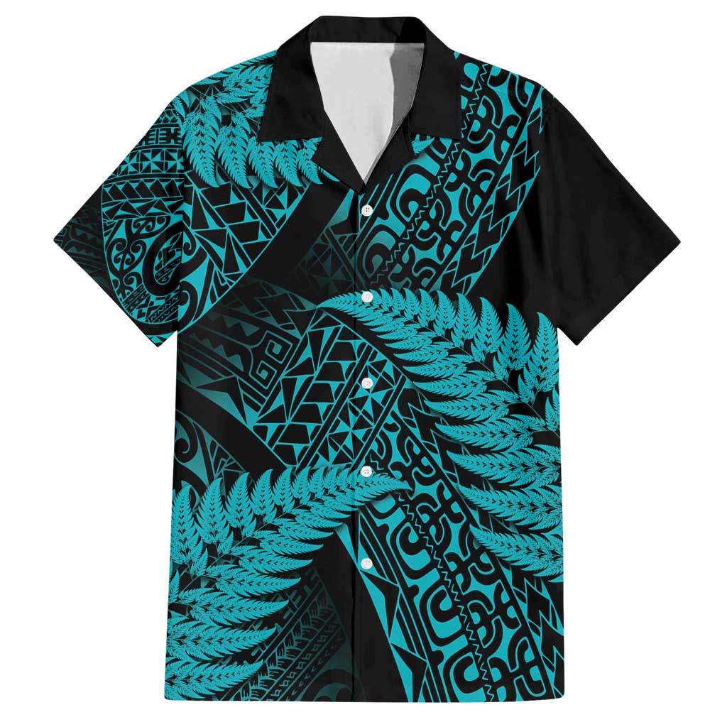 New Zealand Rugby Pacific Personalised Family Matching Long Sleeve Bodycon Dress and Hawaiian Shirt All Turquoise Maori Pasifika Fern Pattern LT9 Dad's Shirt - Short Sleeve Turquoise - Polynesian Pride