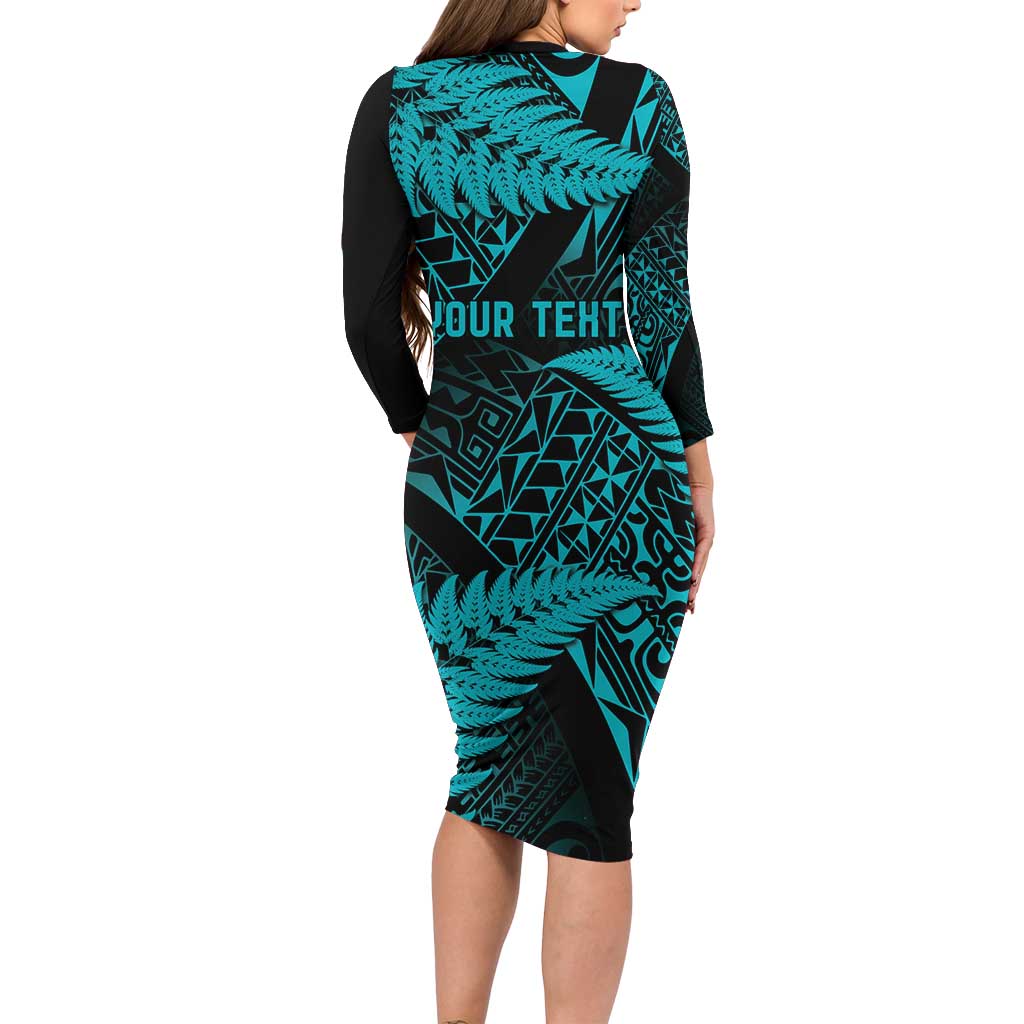New Zealand Rugby Pacific Personalised Family Matching Long Sleeve Bodycon Dress and Hawaiian Shirt All Turquoise Maori Pasifika Fern Pattern LT9 - Polynesian Pride