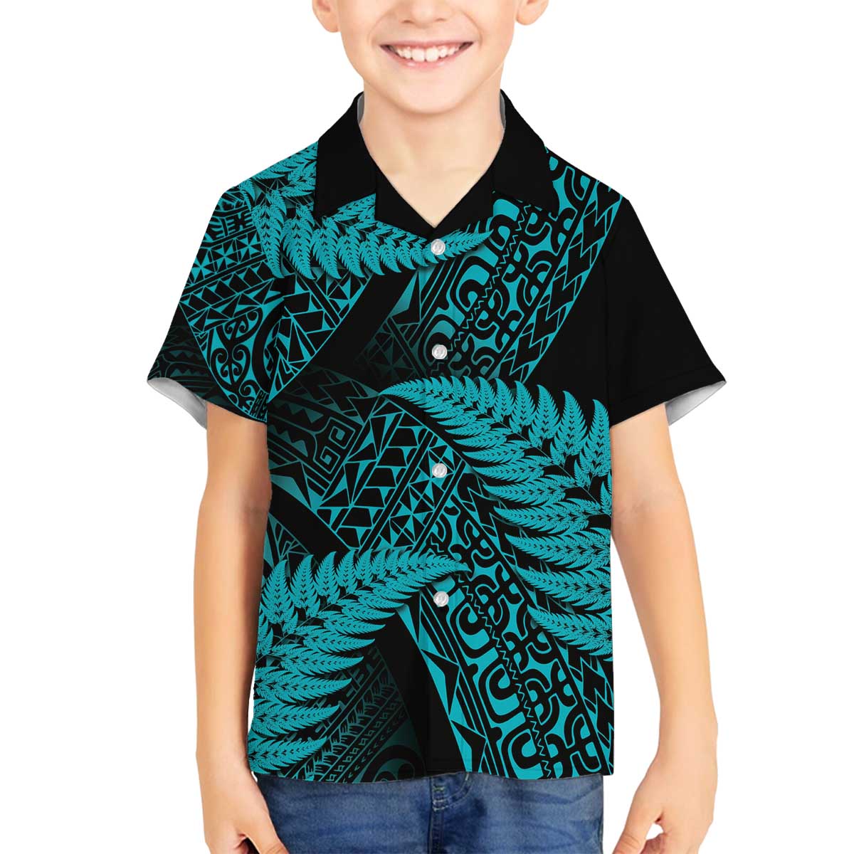 New Zealand Rugby Pacific Personalised Family Matching Off The Shoulder Long Sleeve Dress and Hawaiian Shirt All Turquoise Maori Pasifika Fern Pattern LT9 Son's Shirt Turquoise - Polynesian Pride
