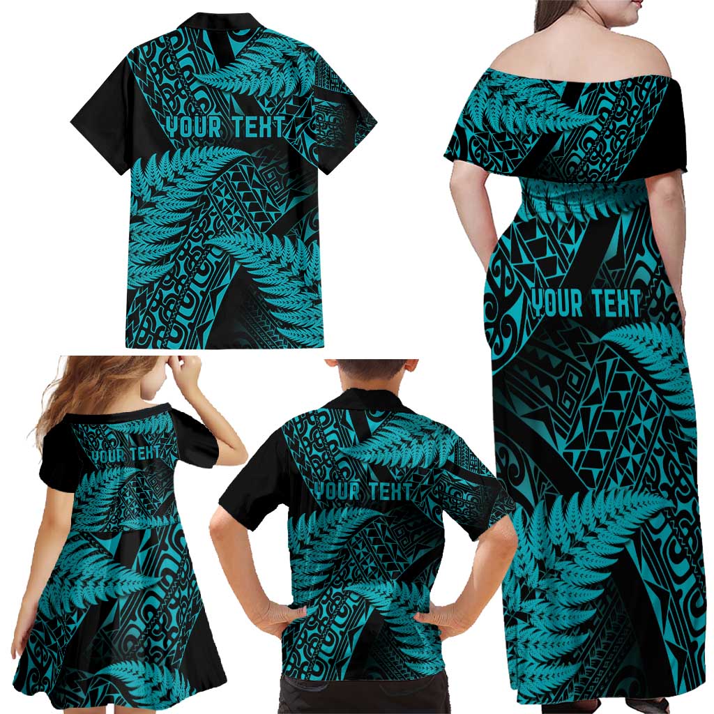 New Zealand Rugby Pacific Personalised Family Matching Off Shoulder Maxi Dress and Hawaiian Shirt All Turquoise Maori Pasifika Fern Pattern