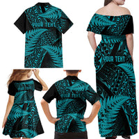 New Zealand Rugby Pacific Personalised Family Matching Off Shoulder Maxi Dress and Hawaiian Shirt All Turquoise Maori Pasifika Fern Pattern