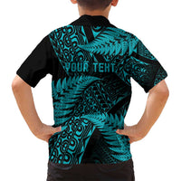 New Zealand Rugby Pacific Personalised Family Matching Off Shoulder Short Dress and Hawaiian Shirt All Turquoise Maori Pasifika Fern Pattern LT9 - Polynesian Pride