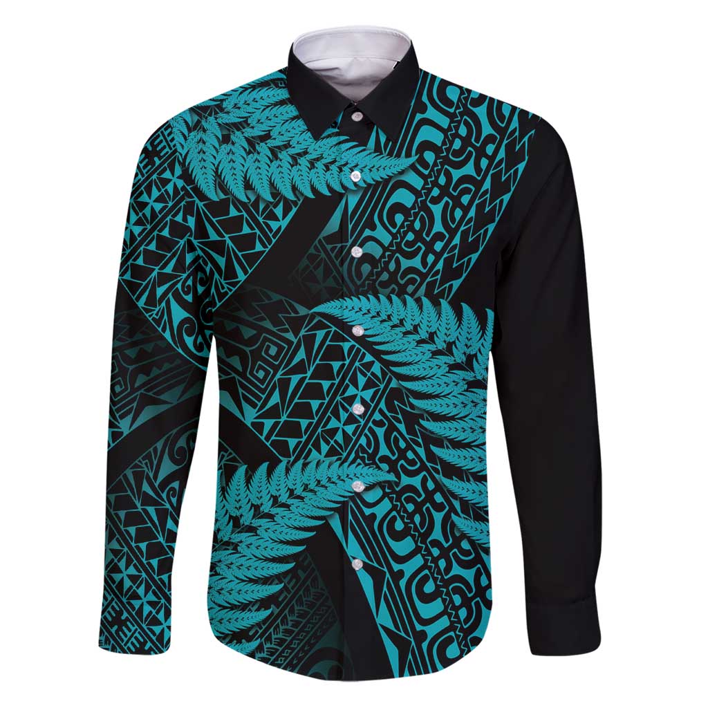 New Zealand Rugby Pacific Personalised Family Matching Puletasi and Hawaiian Shirt All Turquoise Maori Pasifika Fern Pattern LT9 Dad's Shirt - Long Sleeve Turquoise - Polynesian Pride