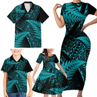 New Zealand Rugby Pacific Personalised Family Matching Short Sleeve Bodycon Dress and Hawaiian Shirt All Turquoise Maori Pasifika Fern Pattern LT9 - Polynesian Pride
