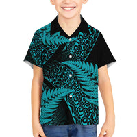 New Zealand Rugby Pacific Personalised Family Matching Short Sleeve Bodycon Dress and Hawaiian Shirt All Turquoise Maori Pasifika Fern Pattern LT9 Son's Shirt Turquoise - Polynesian Pride