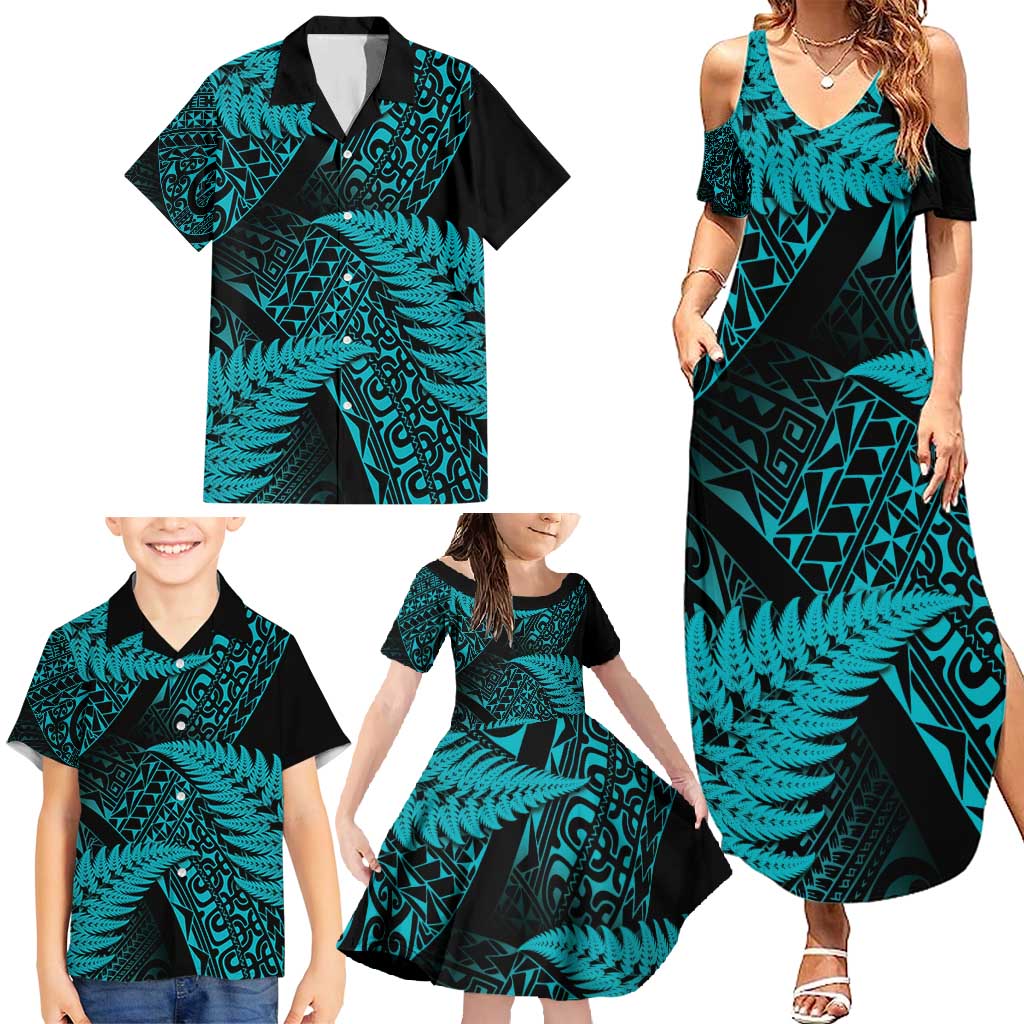 New Zealand Rugby Pacific Personalised Family Matching Summer Maxi Dress and Hawaiian Shirt All Turquoise Maori Pasifika Fern Pattern