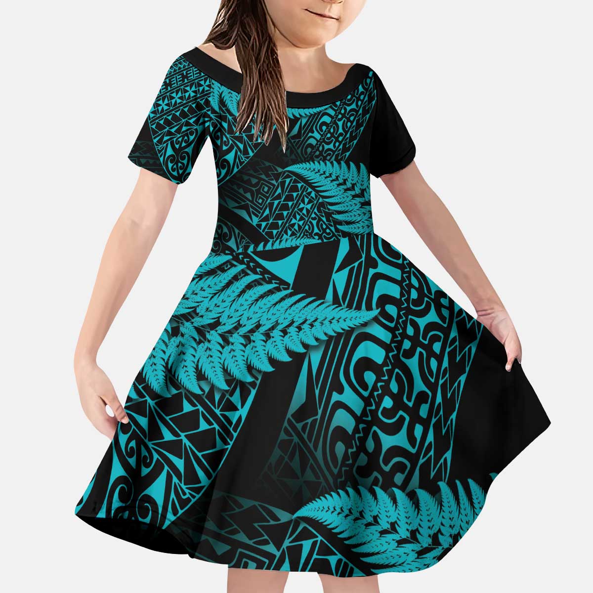 New Zealand Rugby Pacific Personalised Kid Short Sleeve Dress All Turquoise Maori Pasifika Fern Pattern