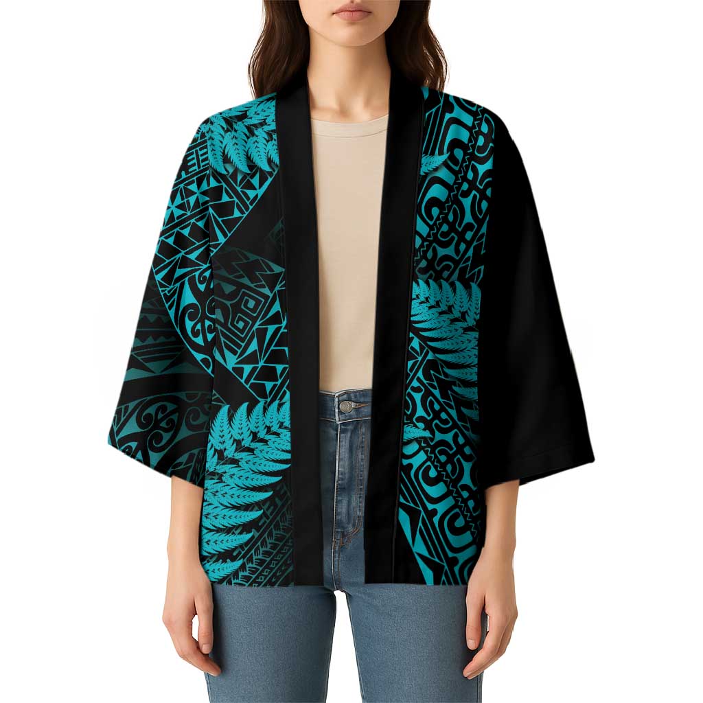 New Zealand Rugby Pacific Personalised Kimono All Turquoise Maori Pasifika Fern Pattern - Polynesian Pride